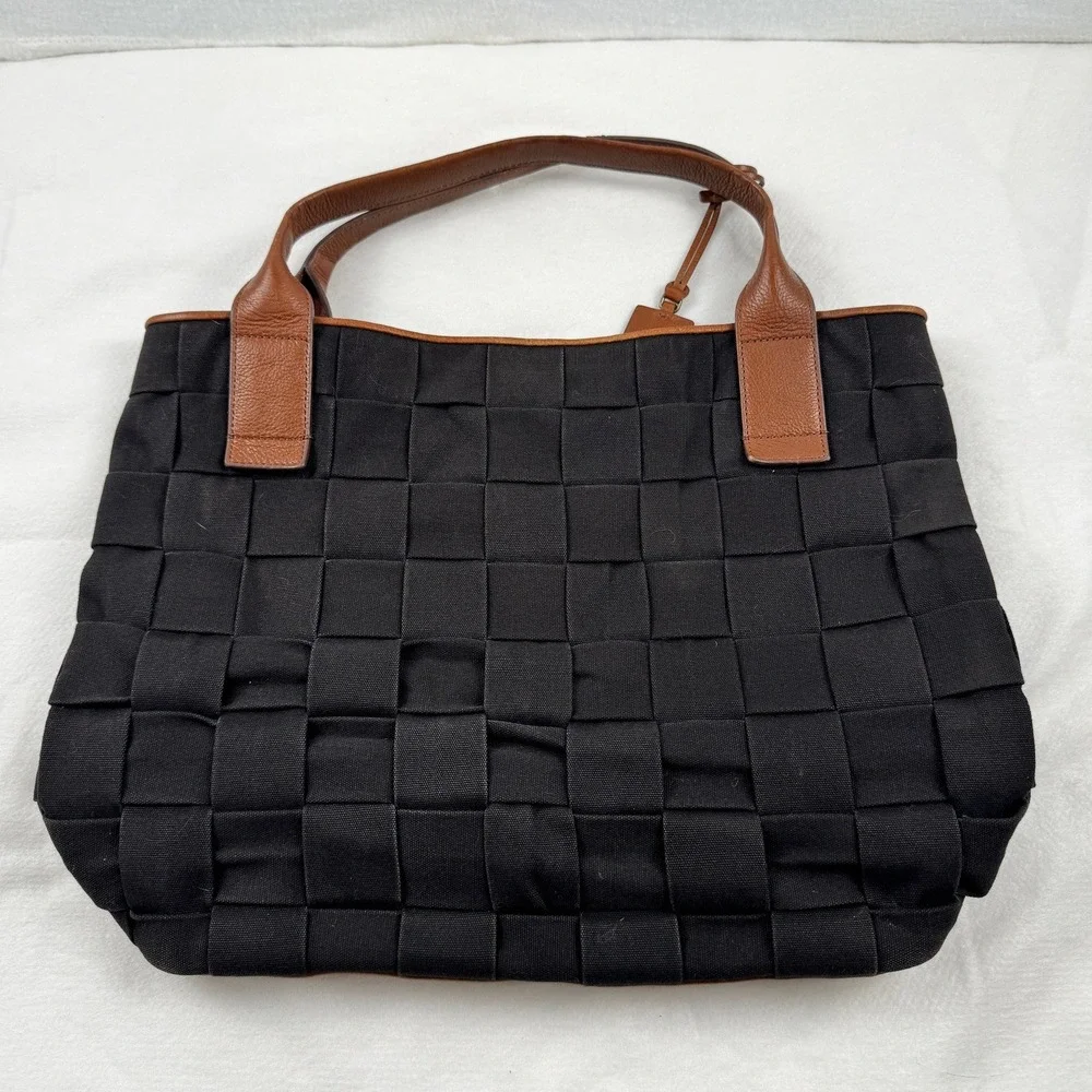 Fossil Woven Canvas Tote Bag Black Brown Leather Trim Shoulder Bag Key Fob
